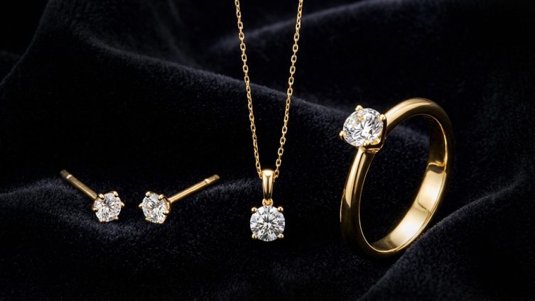Set aus Goldring, Halskette und Ohrsteckern mit jeweils einem Diamanten