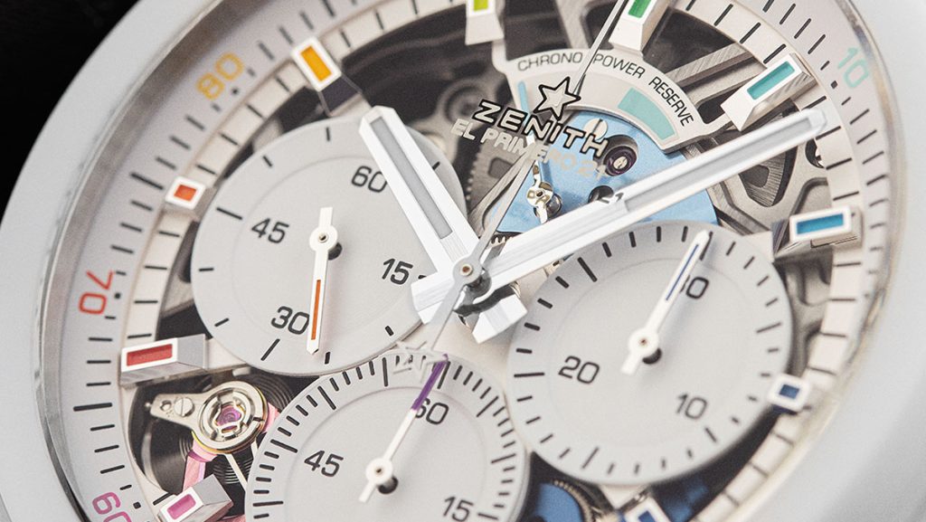 Skeleton Uhrwerk von Zenith mit bunten Farbakzenten