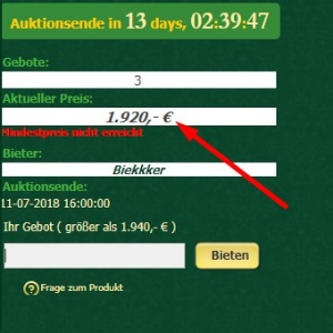 watch.de Auktion aktuelles Gebot mit Hinweis auf Mindestpreis