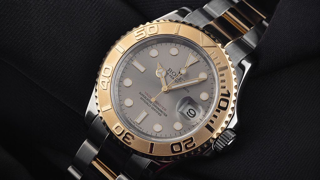 Elegante Rolex Yacht Master in Bicolor mit Stahl und Gelbgold an Lünette und Armband