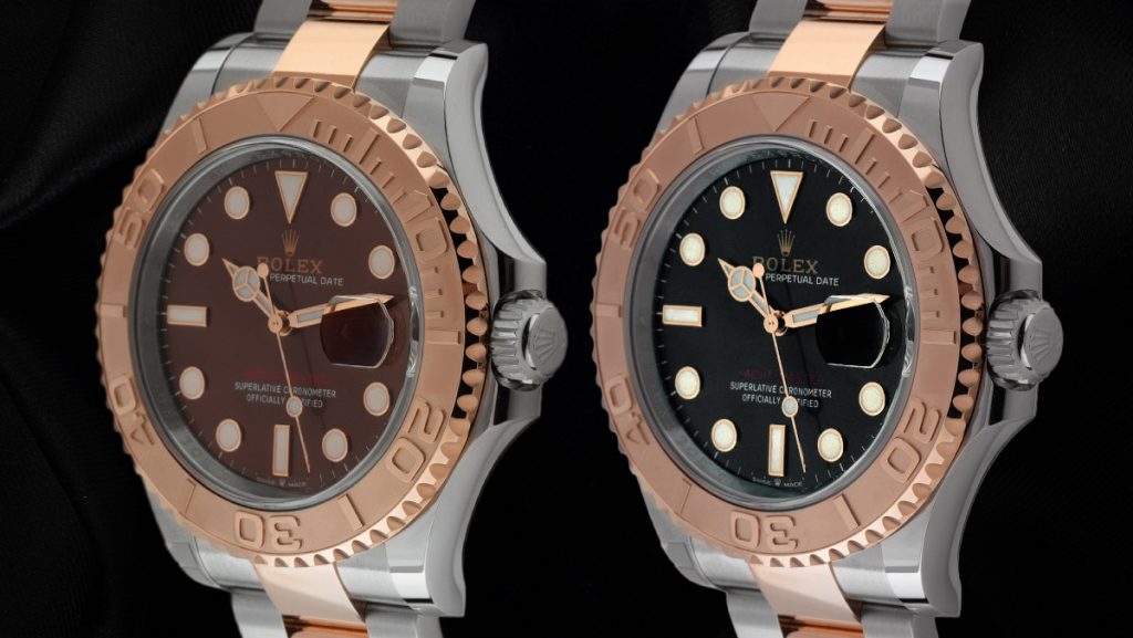 Zwei Bicolor Rolex Yacht-Master mit braunem und schwarzem Zifferblatt