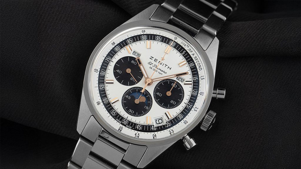 Zenith El Primero in silber mit weißem Zifferblatt un schwarzen Totalisatoren