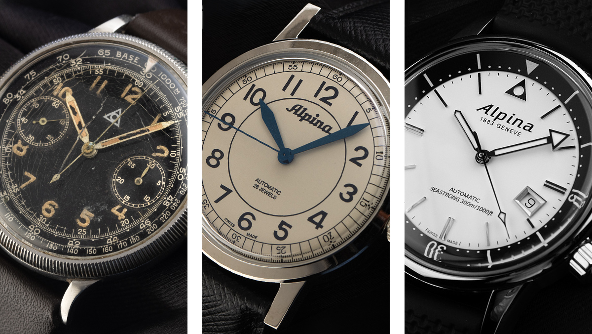 Drei Alpina Uhren nebeneinander, von Vintage bis Neuheit