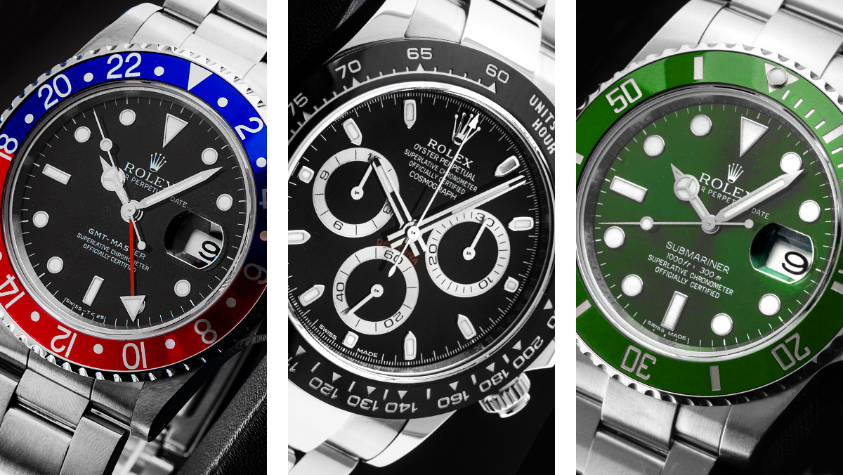 Drei beliebte Rolex nebeneinander: Rolex GMT Master Pepsi, Daytona & Submariner