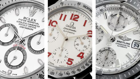 Drei Chronographen nebeneinander von Rolex, Omega und Breitling