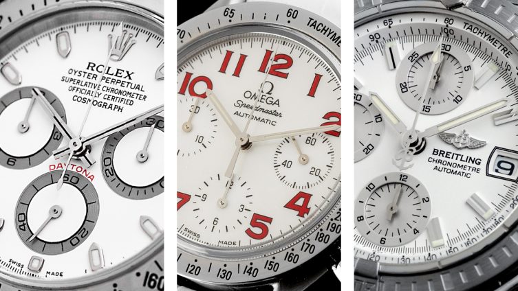 Drei Chronographen nebeneinander von Rolex, Omega und Breitling