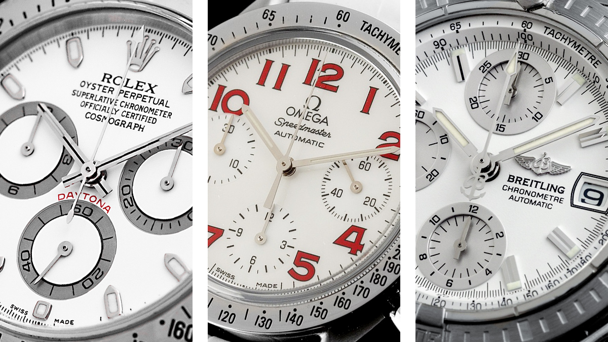 Drei Chronographen nebeneinander von Rolex, Omega und Breitling