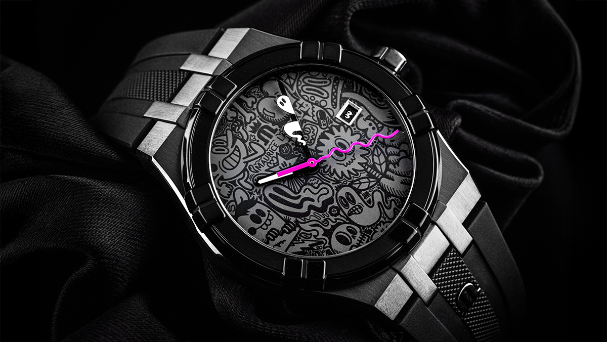Designer-Uhr in schwarz von Maurice Lacroix mit Wotto-Motiv