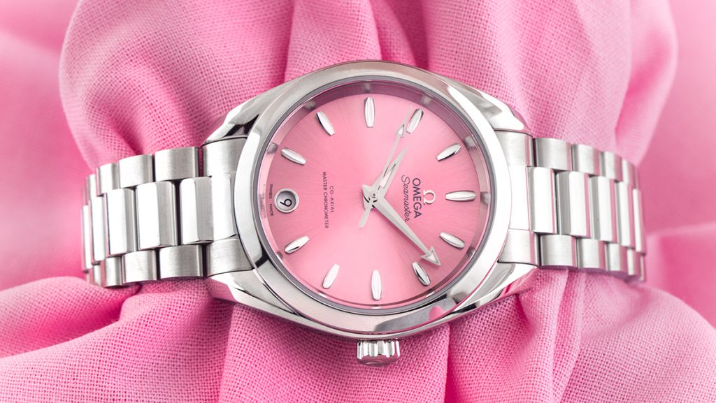 Omega Seamaster Damenuhr in silber mit pinkem Zifferblatt
