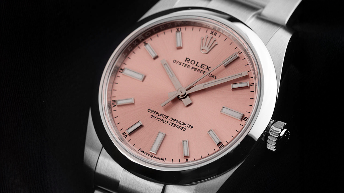 Rolex Oyster Perpetual mit hellrosa Zifferblatt