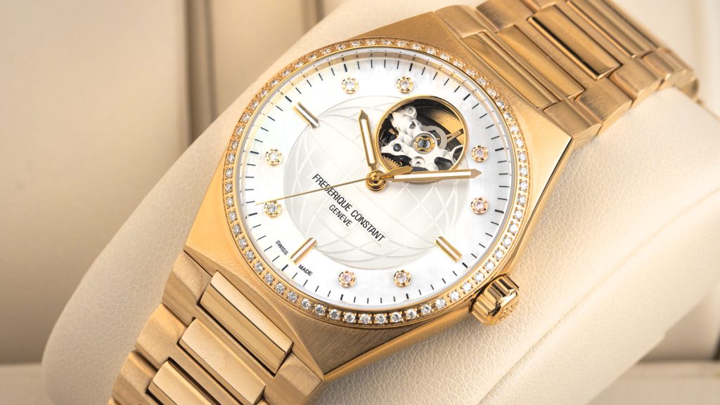Goldene Damen Luxusuhr von Frederique Constant, diamantbesetzt
