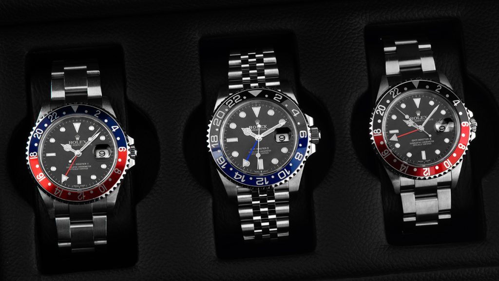 Drei Ausführungen der Rolex GMT-Master 2: Pepsi, Batgirl und Coke