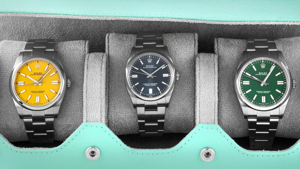 Bunte Zifferblätter der Rolex Oyster Perpetual: gelb, blau und grün