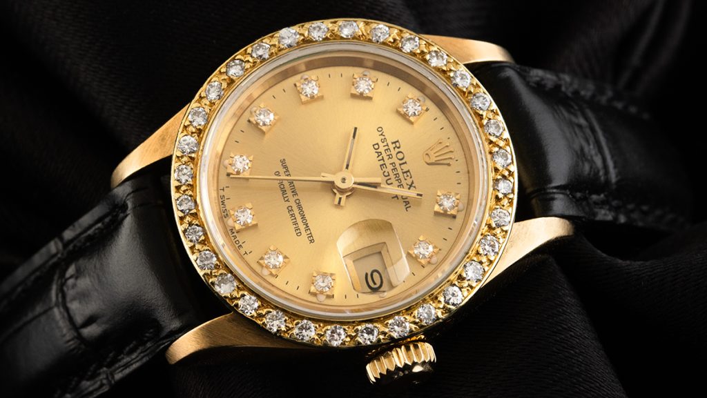 Vintage Modell der Rolex Datejust für Damen mit Diamanten und Lederband