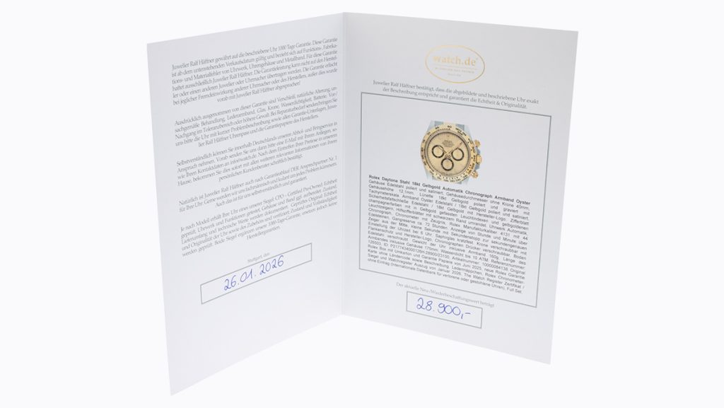 Uhrenpass aufgeschlagen mit Abbildung und Beschreibung einer Rolex Daytona