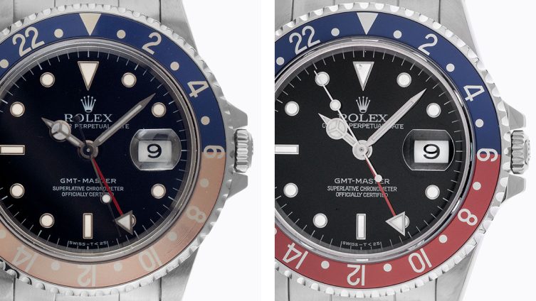 Zwei Rolex GMT Master Pepsi nebeneinander, eine mit Patina Lünette