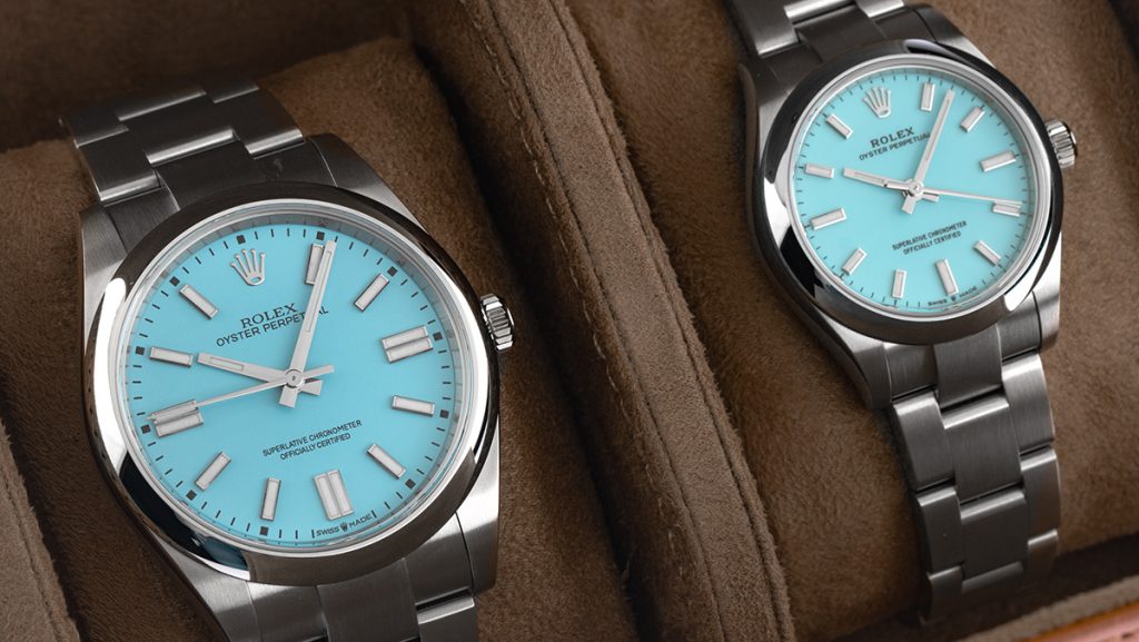 Kleine und große Rolex Oyster Perpetual mit Ziffernblatt in türkis als tolle Partneruhr