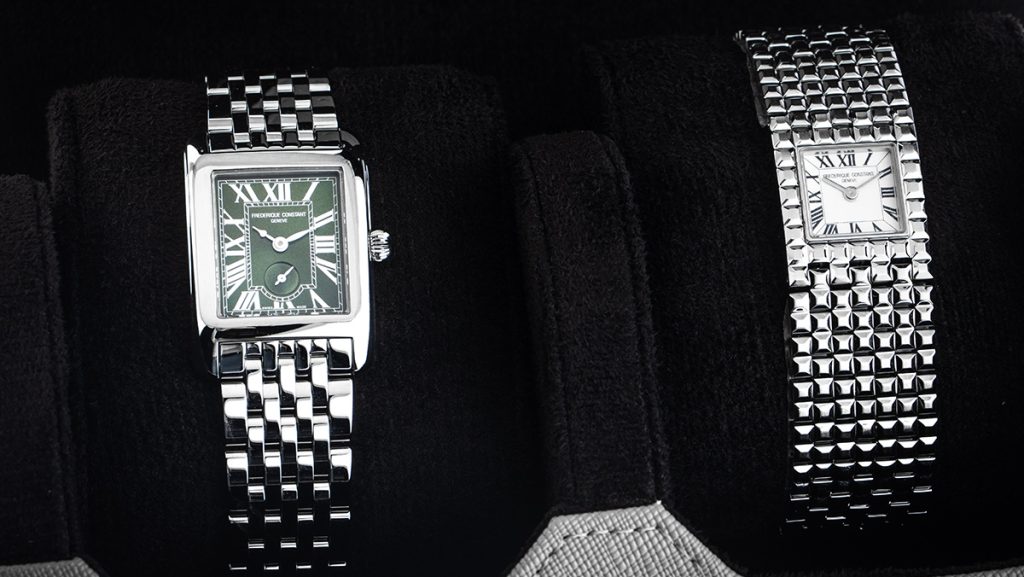Zwei ähnliche eckige Uhren von Frederique Constant matchen als Partneruhr