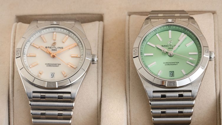 Breitling Chronomat 36, einmal mit weißem, einmal mit grünem Zifferblatt