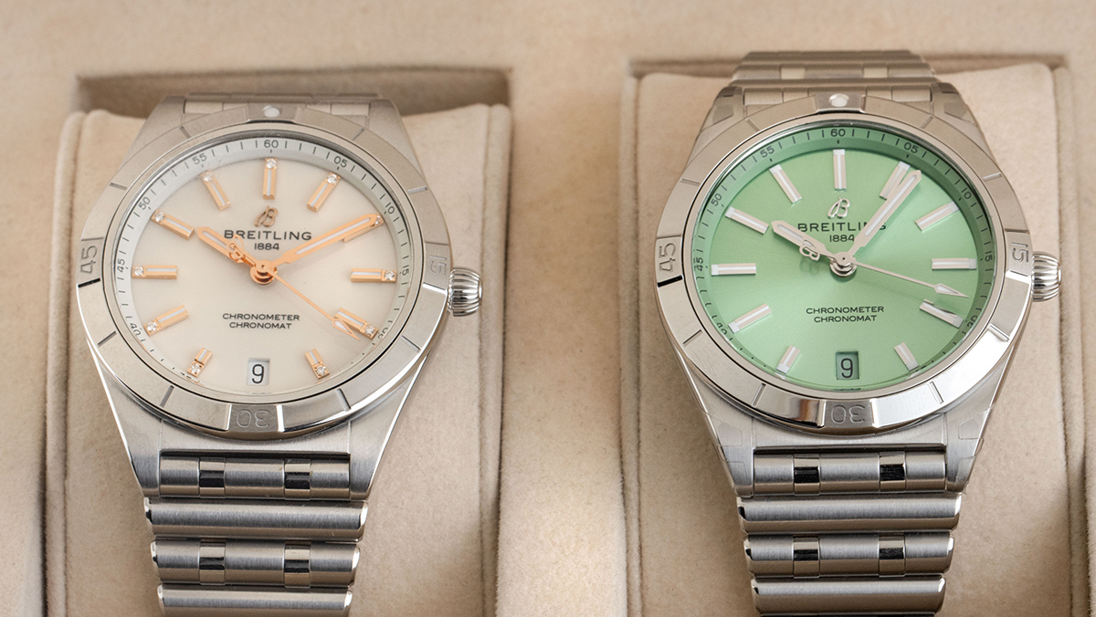 Breitling Chronomat 36, einmal mit weißem, einmal mit grünem Zifferblatt
