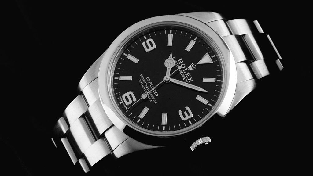 Schlichte Rolex Explorer in Edelstahl mit schwarzem Ziffernblatt