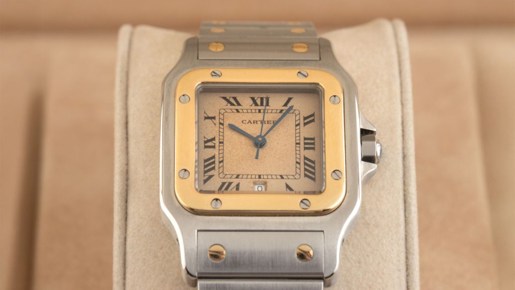 Klassische Cartier Santos GM in weißgold und gelbgold mit Tropical Dial