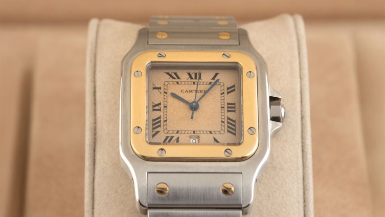 Klassische Cartier Santos GM in weißgold und gelbgold mit Tropical Dial