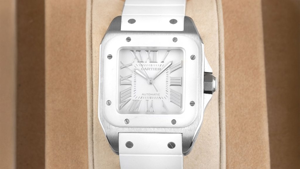 Cartier Santos 100 mit weißem Ziffernblatt und Band