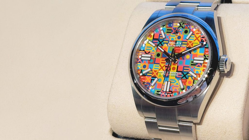 Jubiläumsmodell der Rolex Oyster Perpetual mit buntem Zifferblatt