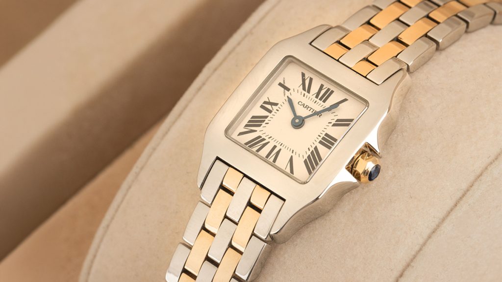 Cartier Santos Lady mit Bicolor Armband und goldener Krone