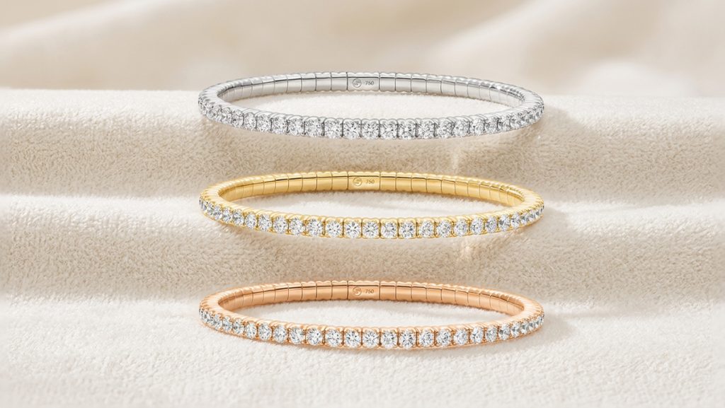Tennisarmbänder mit Diamanten in Roségold, Gelbgold und Weißgold