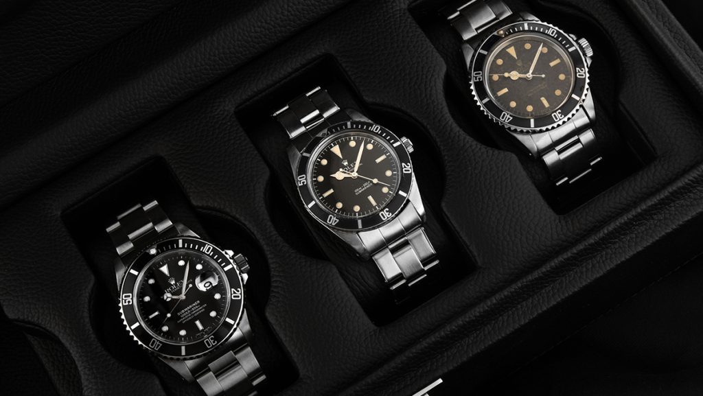 Drei Referenzen der Submariner nebeneinander, von neu bis Vintage