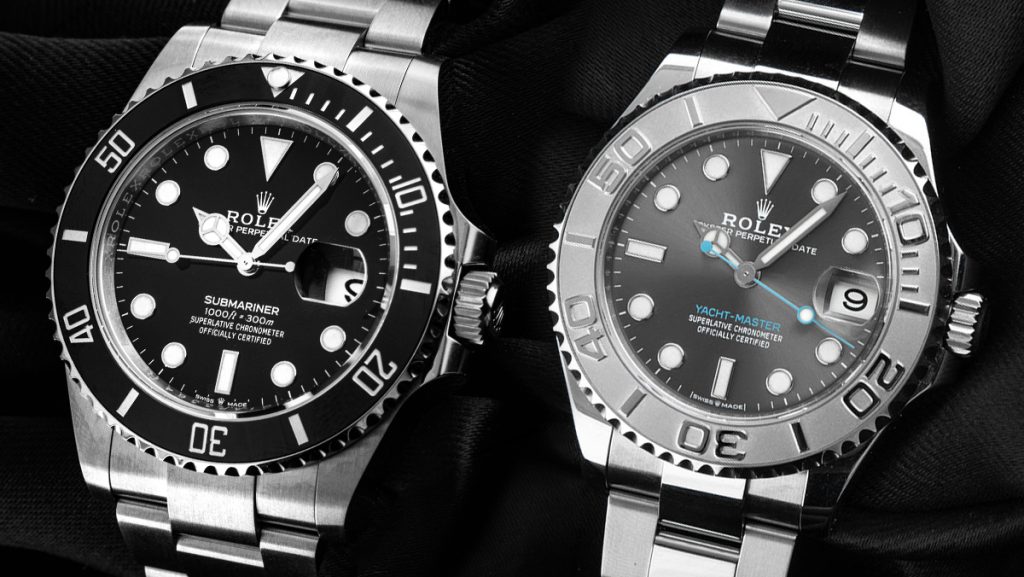 Schlichte Rolex Submariner in schwarz und Yacht-Master in Rhodium nebeneinander