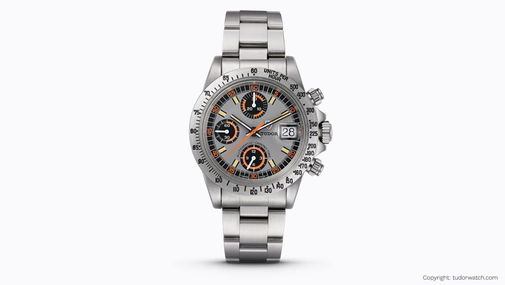 Sportlicher Chronograph in silber mit gelb-orangenen Akzenten