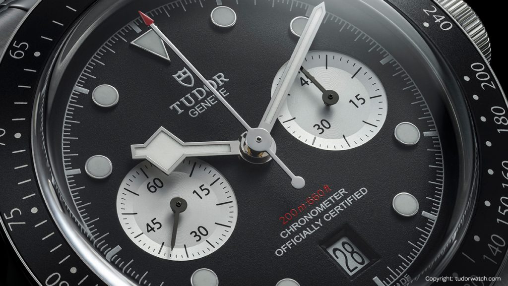 Zifferblatt eines Tudor Chronograph mit Snowflake-Zeiger