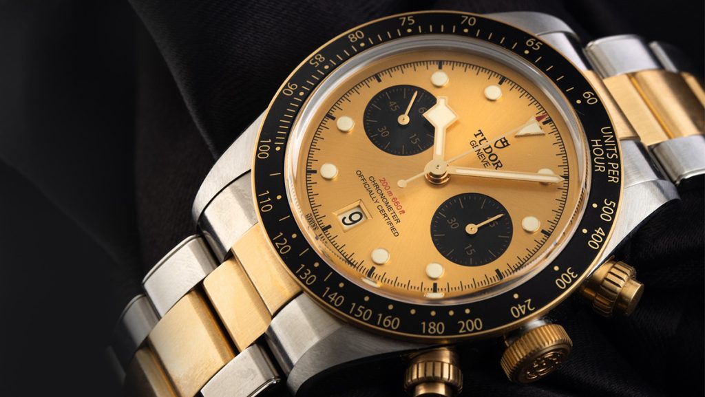 Tudor Chronograph mit goldenem Zifferblatt mit schwarzen Akzenten