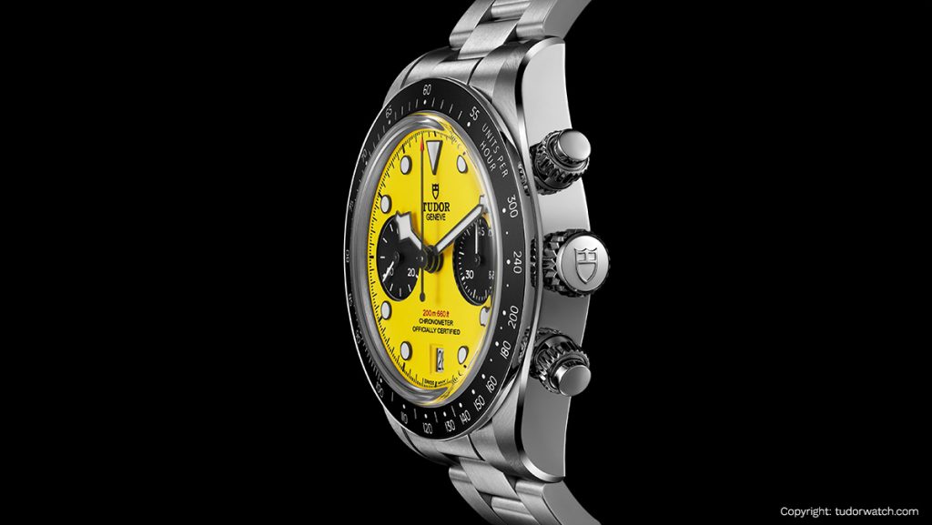 Chronograph mit auffällig gelbem Zifferblatt und schwarzer Lünette