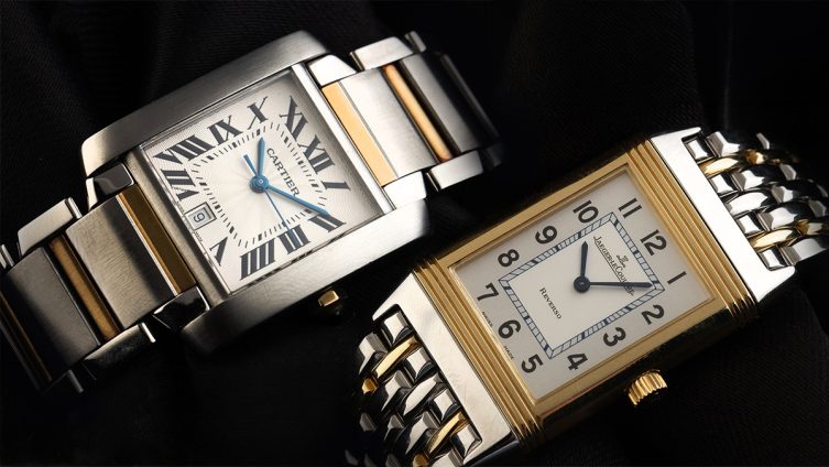 Jaeger-LeCoultre Reverso und Cartier Tank in Bicolor nebeneinander
