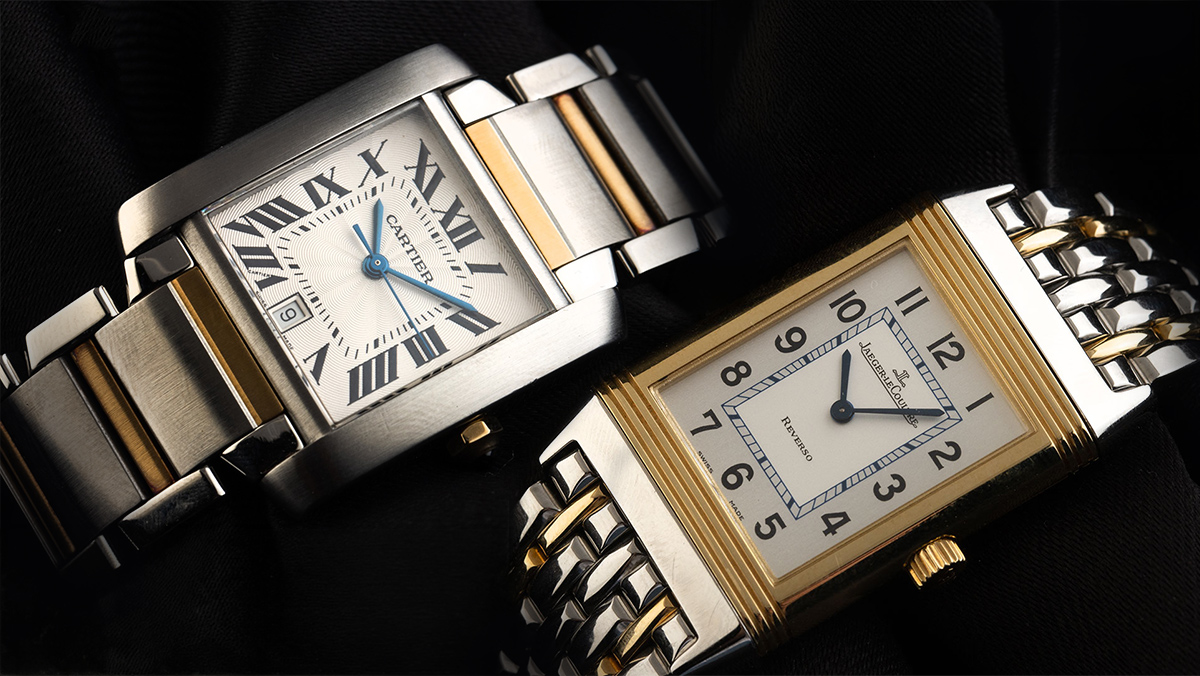Jaeger-LeCoultre Reverso und Cartier Tank in Bicolor nebeneinander