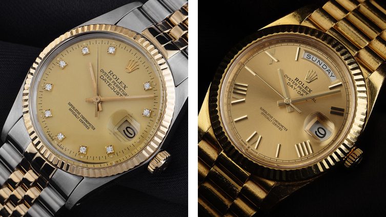 Rolex Datejust in Bicolor und Rolex Day-Date in Vollgold nebeneinander