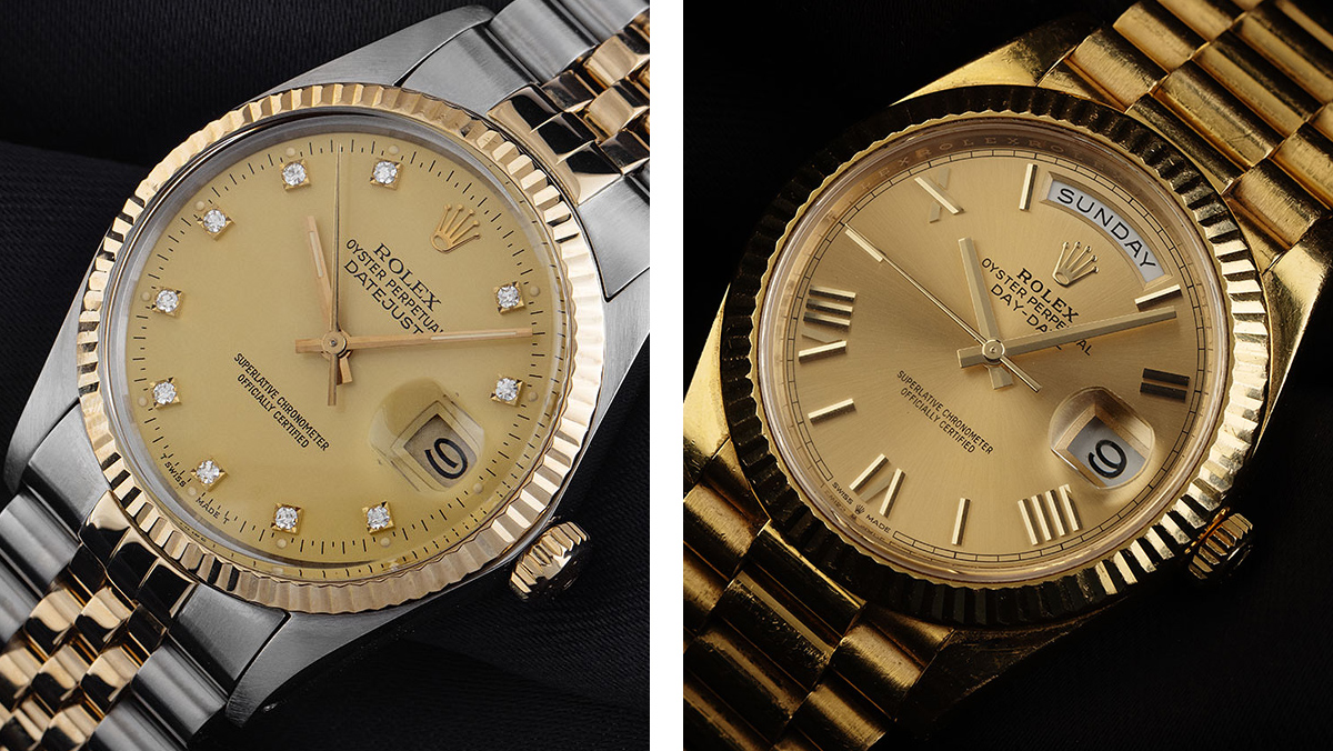 Rolex Datejust in Bicolor und Rolex Day-Date in Vollgold nebeneinander