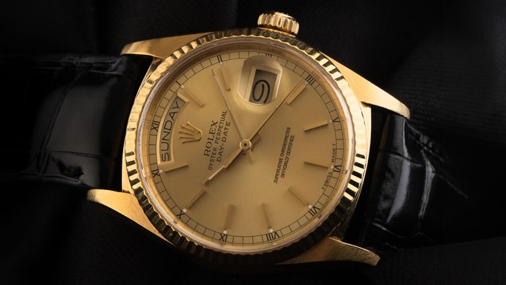 Vintage Rolex Day-Date mit Champagne Dial und schwarzem Lederband