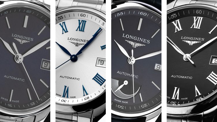 Vier Modelle aus der Longines Master Collection nebeneinander