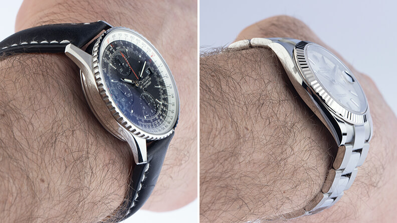 Im Vergleich: links Breitling Navitimer mit Gehäusehöhe 14,4 mm, rechts Rolex Datejust mit Gehäusehöhe 11,6 mm