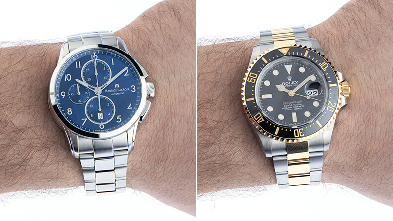 Im Vergleich: links Maurice Lacroix Pontos 43 mm, rechts Rolex Sea-Dweller 43 mm 