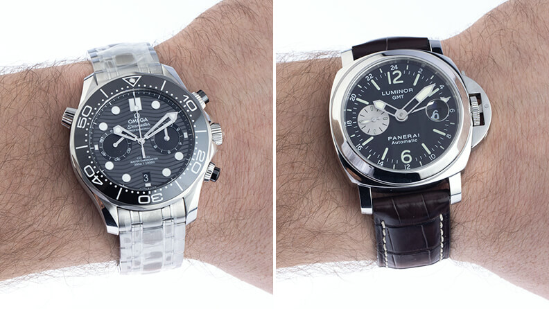 Im Vergleich: links Omega Seamaster 44 mm, rechts Panerai Luminor GMT 44 mm 