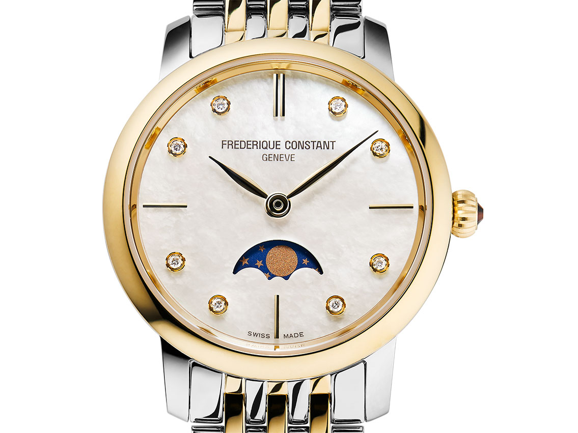 Frederique Constant Ultra Slim Ladies Stahl Gelbgold Diamanten Perlmutt Quarz Mondphase Armband Stahl Gelbgold 30mm Ref.FC-206MPWD1S3B Box&Pap. Full Set Neu