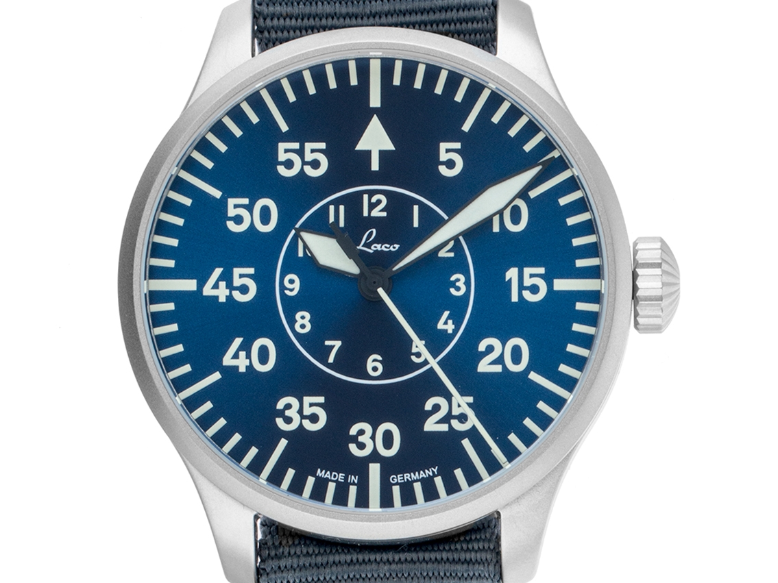 Laco Fliegeruhr Aachen Blaue Stunde Stahl Automatik Armband Textil 42mm Box&Pap. Full Set Neu