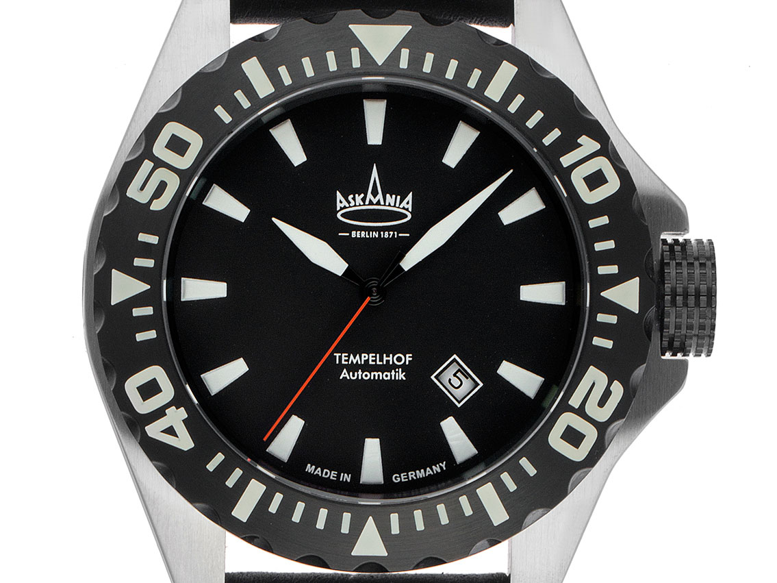 Askania Tempelhof Stahl Automatik Armband Leder 48mm Ref.TEM-6005 Box&Pap. Full Set Neu