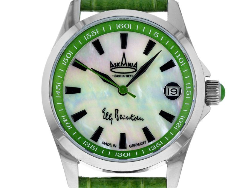 Askania Elly Beinhorn Stahl Perlmutt Automatik Armband Leder 34mm Ref.BEI-7852 Box&Pap. Full Set Neu